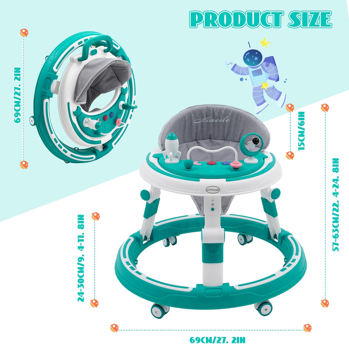 3 in 1 baby walker, height adjustable & foldable, with over-rolling walking wheels, stable tray, and toy center. Suitable for babies from 6 months old. (Blue)