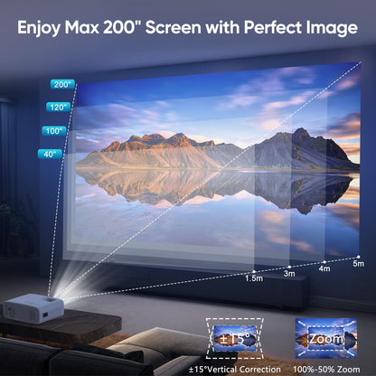 4K supported projector with 15000 lumens, native 1080P resolution, 5G WiFi, Bluetooth, 50% zoom. AKATUO mini projector for home theater and outdoor use, compatible with smartphones, HDMI, USB, laptops, and Fire TV Stick.