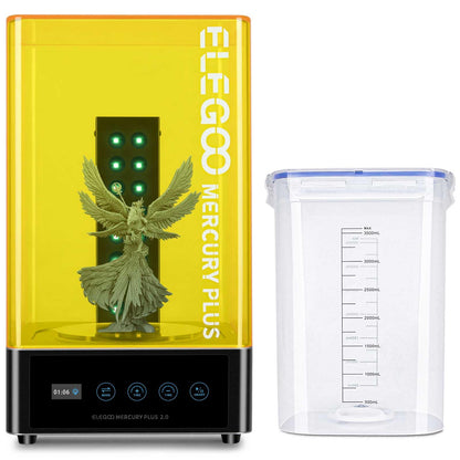 ELEGOO Mercury Plus V2 2-in-1 washing and curing machine for Mars Photon S, Photon Mono LCD, DLP, SLA 3D printed models. Resin UV curing box with rotary curing turntable and washing bucket.