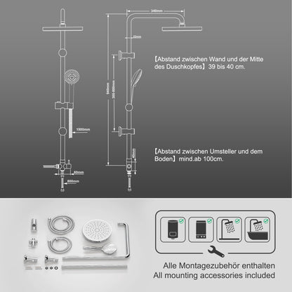 JOHO Stainless Steel Shower System Shower Set Shower Rod Rain Shower Set with ABS Shower Head D20cm