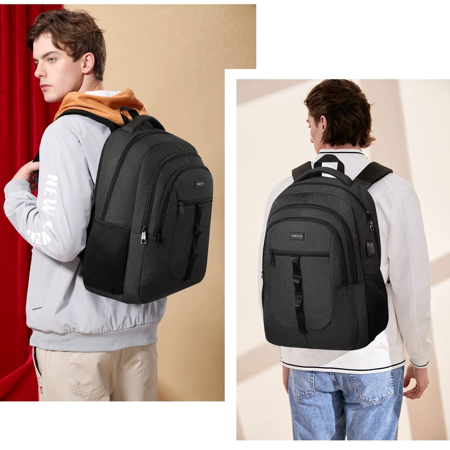 YAMTION Black Backpack for Men and Women, Unisex School Backpack for Teenage Boys Girls 17.3 Inch Laptop Backpack School Bag with USB for College School Work Office