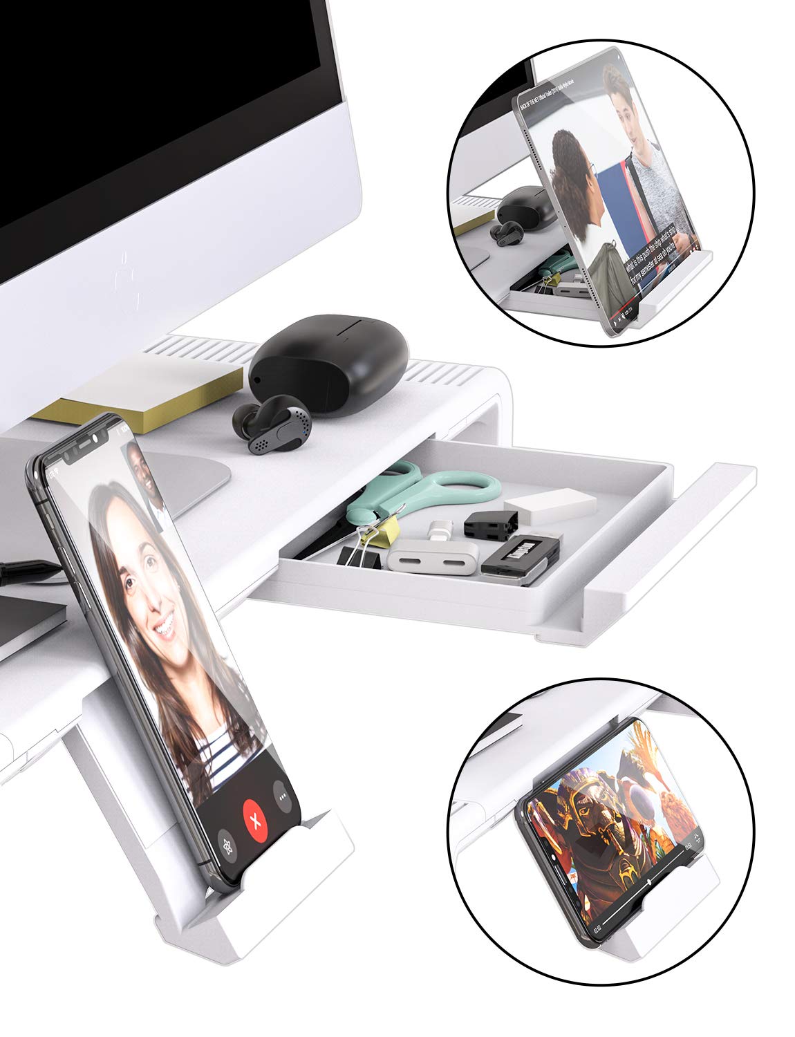 TATEGUARD Foldable Monitor Stand Riser Computer Monitor Stand with Adjustable Width compatible with iMac Printer Laptop with Storage Drawer Tablet & Phone Stand Holder White