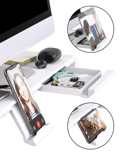 TATEGUARD Foldable Monitor Stand Riser Computer Monitor Stand with Adjustable Width compatible with iMac Printer Laptop with Storage Drawer Tablet & Phone Stand Holder White