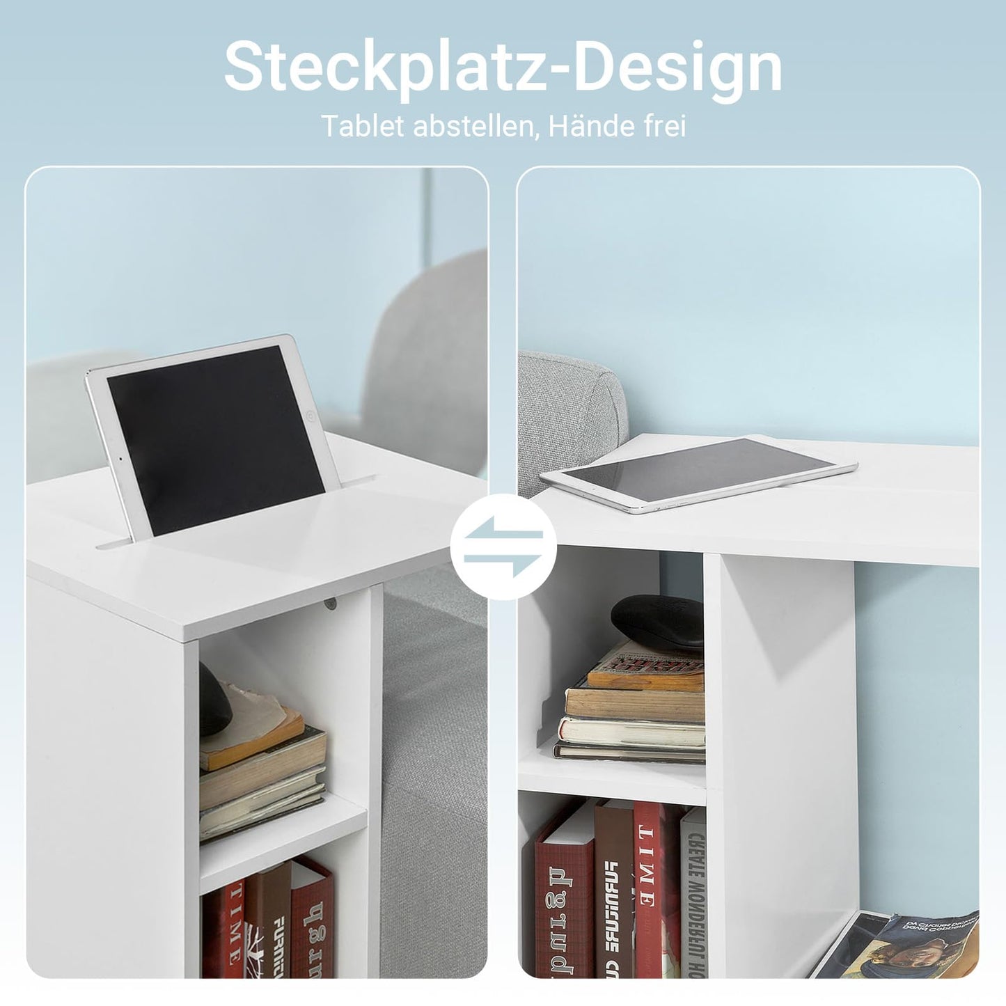 SoBuy C-shaped sofa side table with 2 storage shelves & tablet holder, modern coffee table on wheels for living room, White FBT48-W