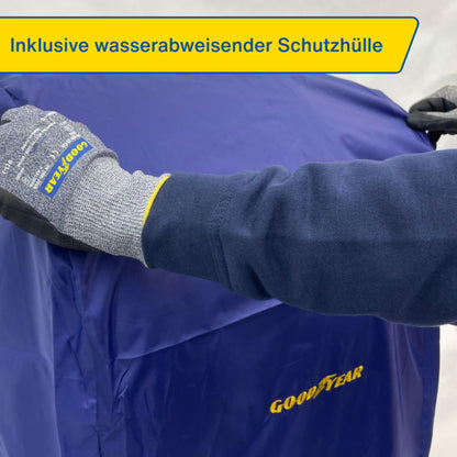 Goodyear tire rack for 4 tires, space-saving storage, height-adjustable, 2 levels, maximum load capacity up to 120 kg, blue.