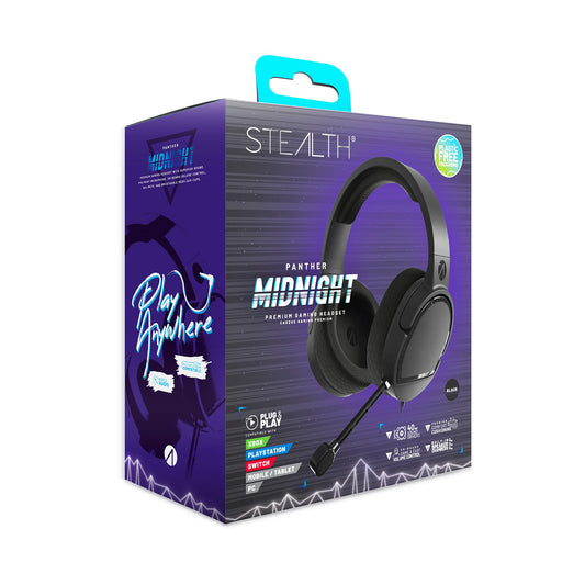 STEALTH Panther Gaming Headset Over Ear for PS4/PS5, Xbox, Switch, PC with flexible microphone, 3.5mm jack, 1.5m cable, lightweight, comfortable, and durable.