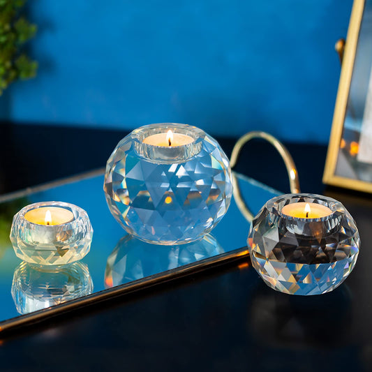 Sziqiqi Crystal Ball Tealight Holder 3 Set, Clear Glass Candle Holder for Tea Lights Candle Stand for Living Room Dining Table Decor Wedding Gift Birthday Party Meditation