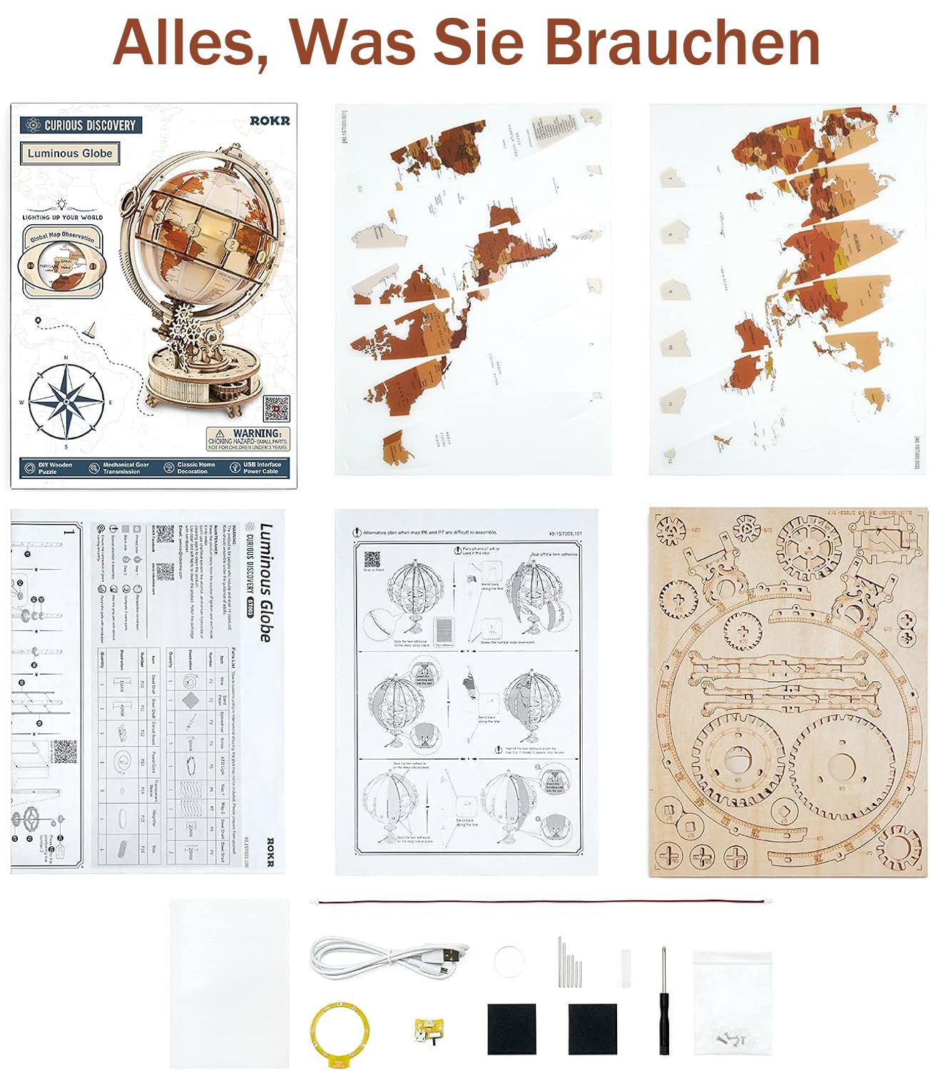 3D wooden puzzle for adults, wooden model light-up globe model kit with LED light. Rotating luminous globe wooden construction set as decoration, gift (180 pieces)