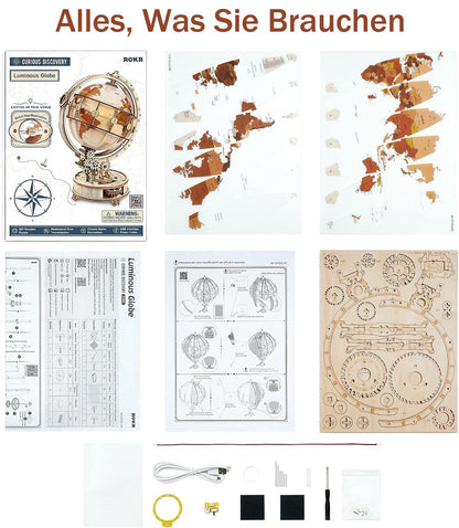 3D wooden puzzle for adults, wooden model light-up globe model kit with LED light. Rotating luminous globe wooden construction set as decoration, gift (180 pieces)