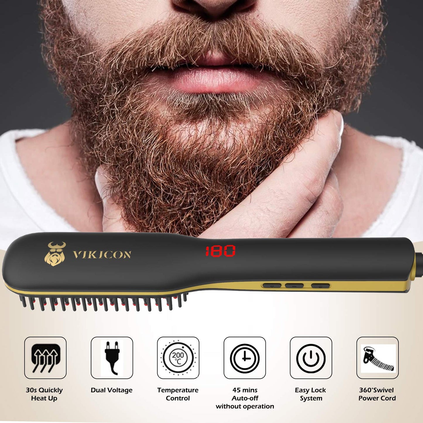 Men's beard straightener, Electric beard straightening comb, Ceramic and Ionic heated hair straightening brush, LED display with adjustable temperature, Dual voltage for travel and home.