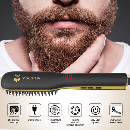 Men's beard straightener, Electric beard straightening comb, Ceramic and Ionic heated hair straightening brush, LED display with adjustable temperature, Dual voltage for travel and home.