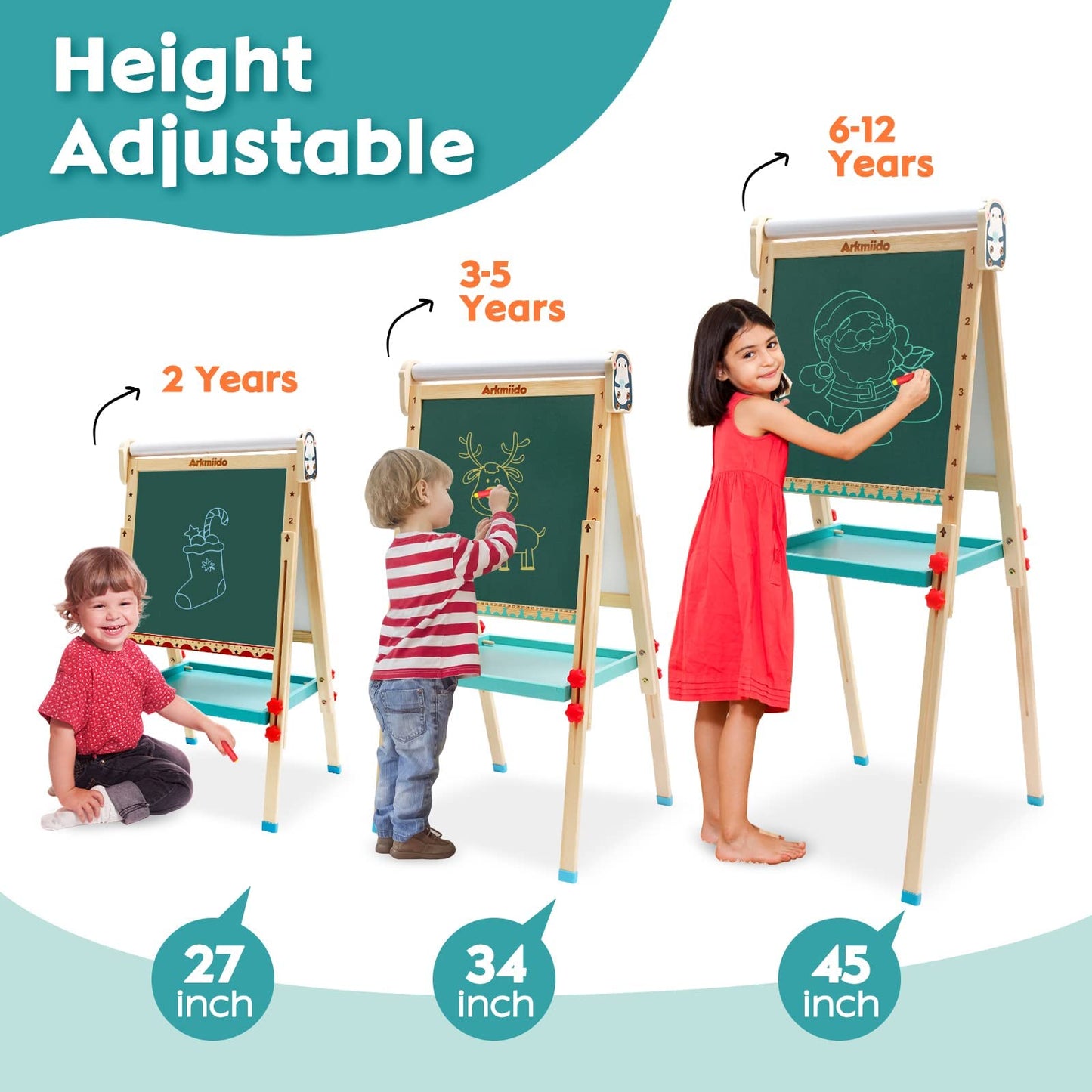 Children's easel with paper roll, double-sided whiteboard and chalkboard. Adjustable standing easel with numbers and other accessories for kids and toddlers.