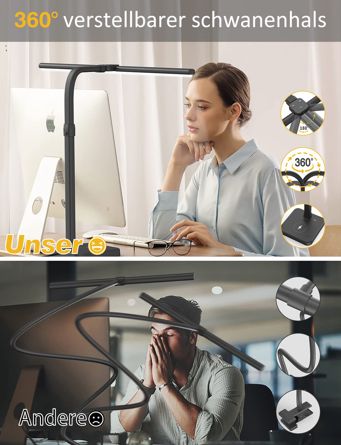 tantu desk lamp LED dimmable, 24W 80CM double head desk lamp, 5 color 5 brightness levels office lamp swan neck, desk lamp with base (black)