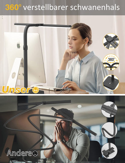 tantu desk lamp LED dimmable, 24W 80CM double head desk lamp, 5 color 5 brightness levels office lamp swan neck, desk lamp with base (black)