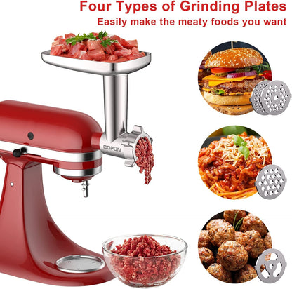 COFUN Vegetable Cutter & Meat Grinder for Kitchenaid Attachment Set, Includes Meat Grinder with 4 Grinding Plates, 3 Sausage Stuffing Tubes, and 3 Pcs Stainless Steel Shredder for Kitchenaid Attachment.