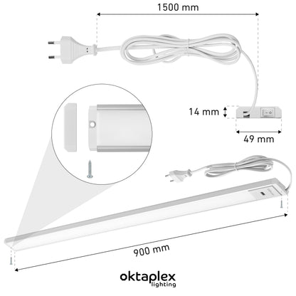 Octaplex Riva under cabinet LED light, 90cm, dimmable warm white 730lm, flat kitchen lighting with sensor. Under cabinet light, 10W, silver.