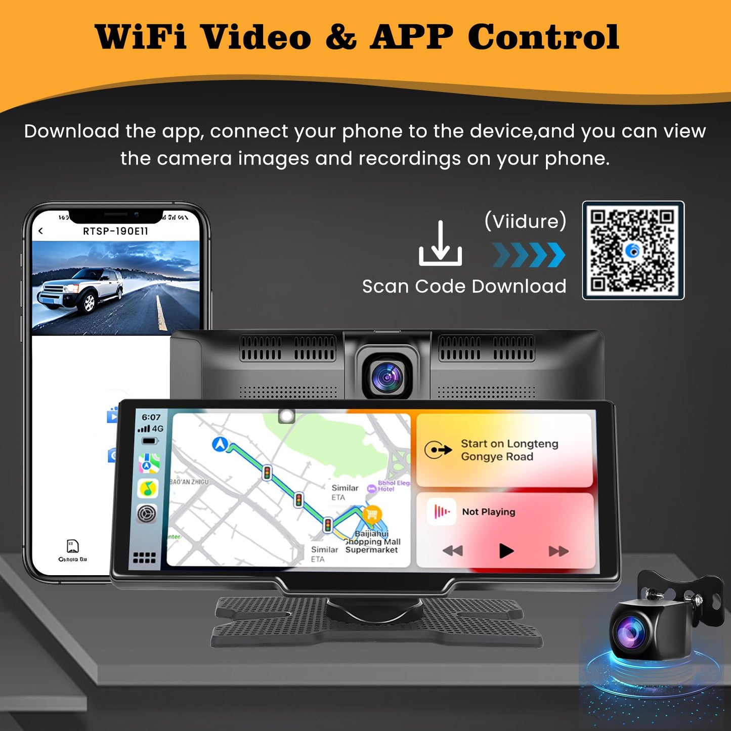 Wireless Carplay Android Auto display with 2.5K front dashcam, 1080P rear camera, 9.3-inch Carplay display with Bluetooth, Mirror Link, FM transmitter, AUX cable, 64GB TF card.