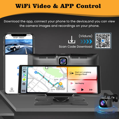 Wireless Carplay Android Auto display with 2.5K front dashcam, 1080P rear camera, 9.3-inch Carplay display with Bluetooth, Mirror Link, FM transmitter, AUX cable, 64GB TF card.
