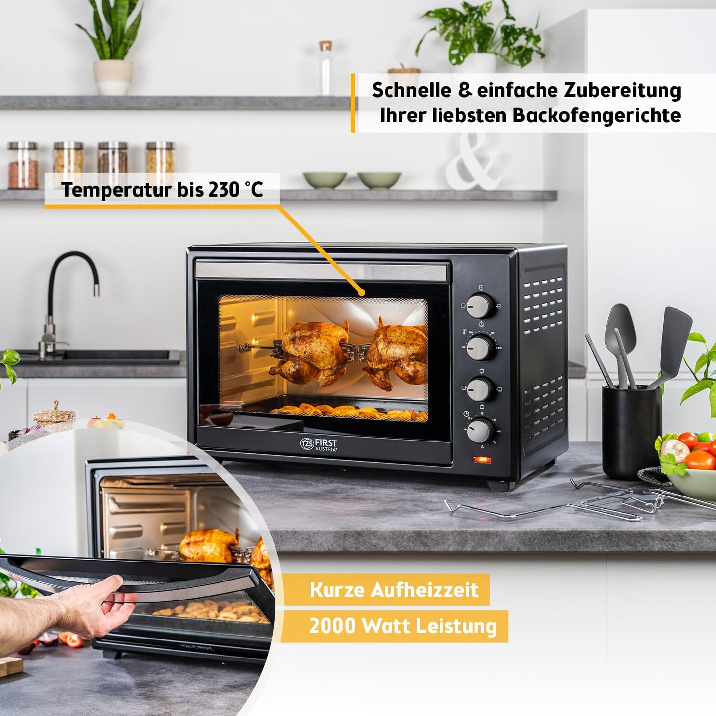 TZS First Austria - Mini Oven 60L 2000W - Mini Oven Pizza Oven Temperature control up to 230°C & 6 modes - Spacious mini oven with 60 Min. Timer, 4 rack heights, baking tray, grill rack & rotisserie