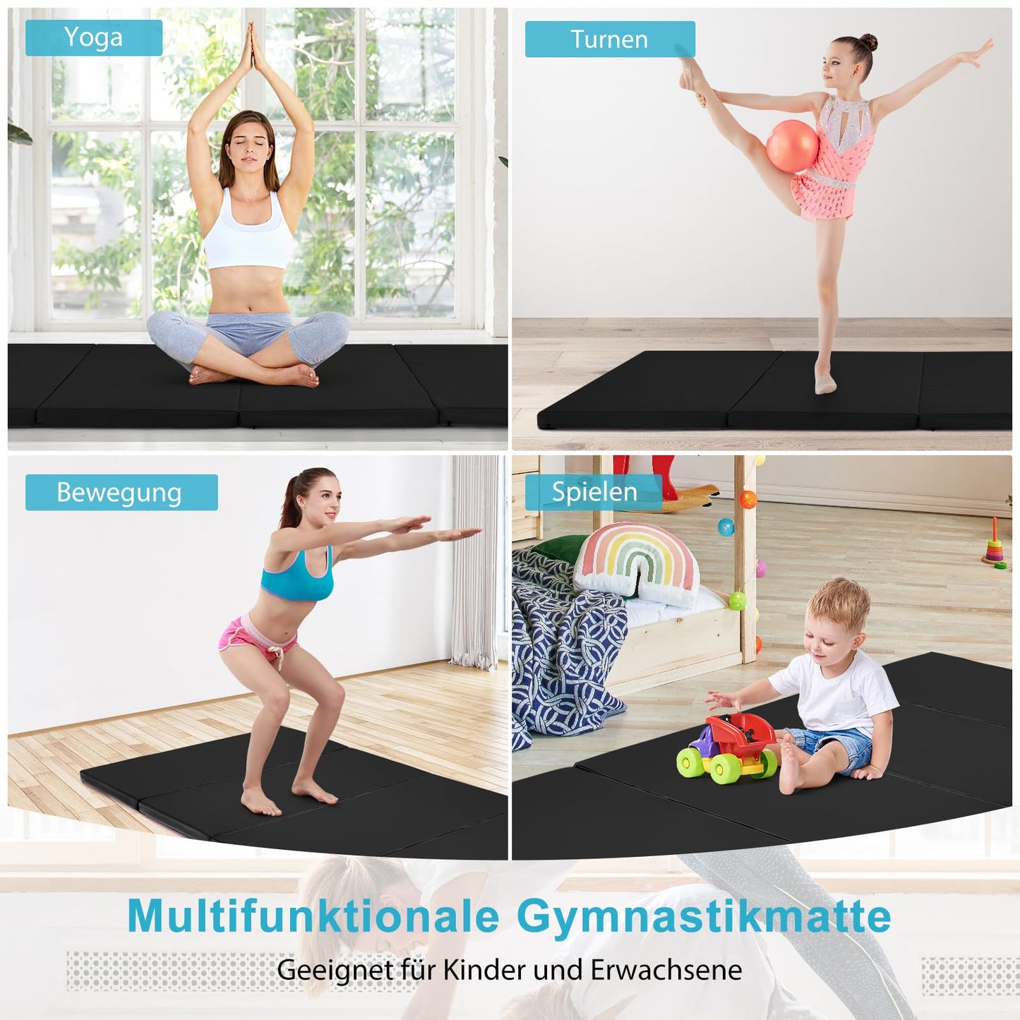 COSTWAY 240 x 120 x 5 cm soft floor mat, foldable gymnastics mat with Velcro closure and 2 handles, exercise mat, foldable mat, fitness mat for gymnastics, yoga, home training (black)