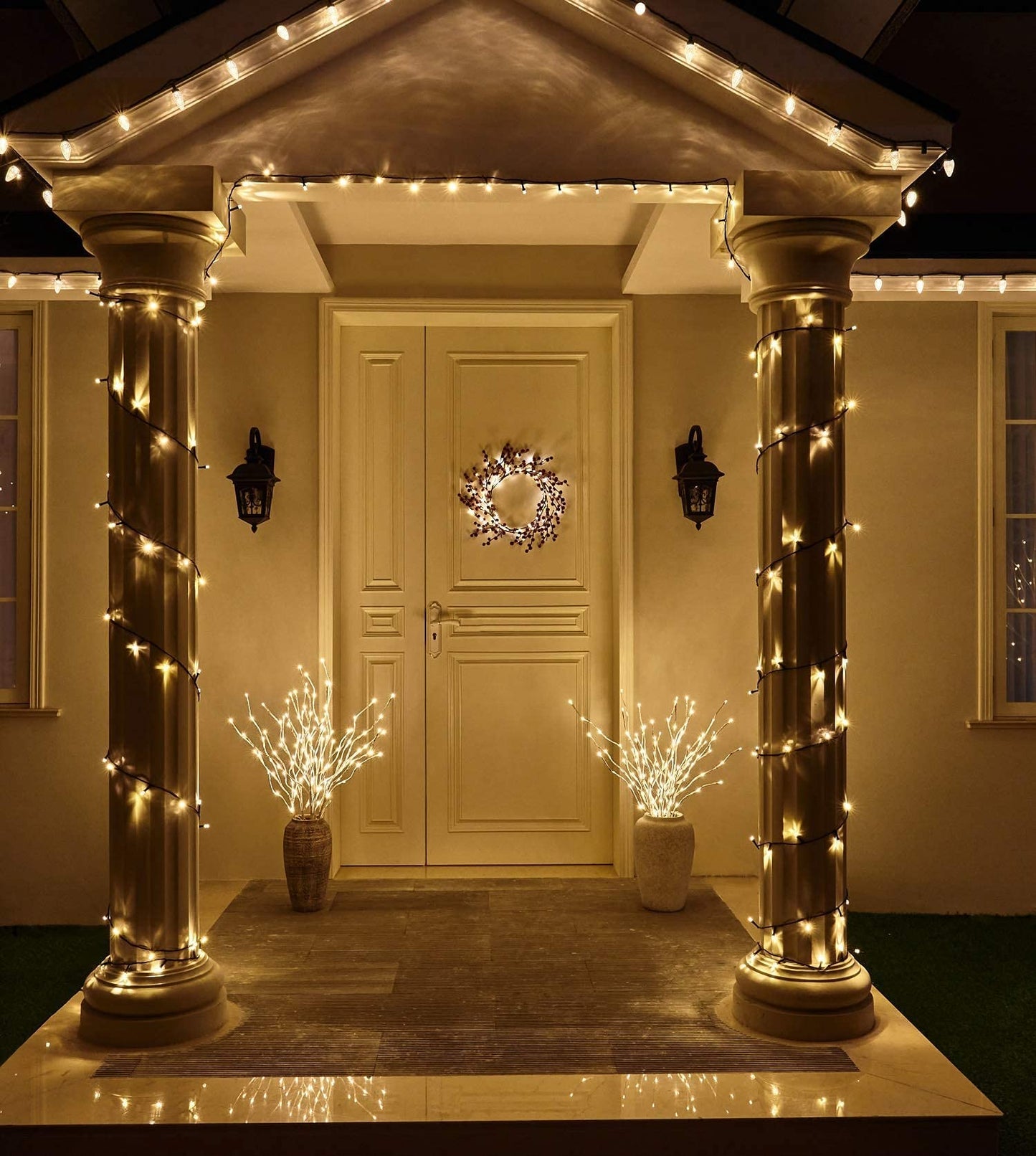 Eambrite decorative branch lights illuminate white birch branch stakes with 60 LED lights for outdoor and indoor decor for Christmas, Easter, Halloween, and parties.