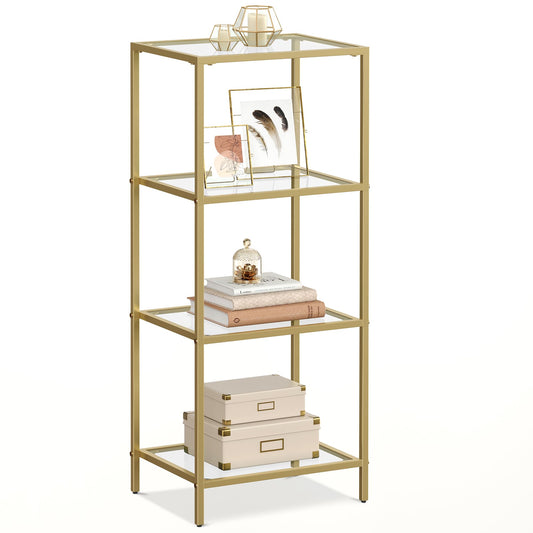 VASAGLE 4-tier shelf, bathroom shelving unit, tempered glass, easy assembly, for bathroom, living room, kitchen, office, clear-metallic gold LGT28G