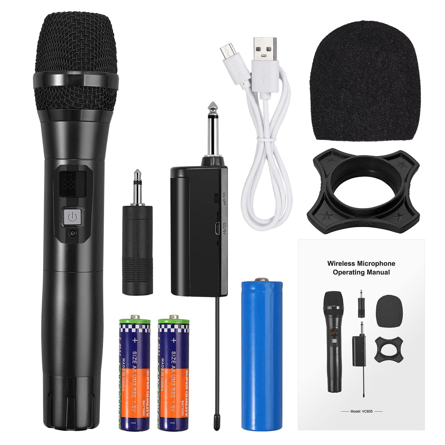 LiNKFOR Wireless Microphone UHF Wireless Dual Handheld Dynamic Mic System with rechargeable receiver, for karaoke machines, DJ, vocals, church, weddings, speakers, amplifiers, PA systems.
