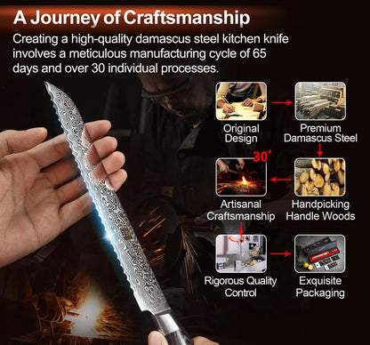 XINZUO 20cm Damascus steel bread knife - sharp and durable serrated blade professional kitchen knife - ergonomic Pakkawood handle with gift box - suitable for all types of bread and cake.