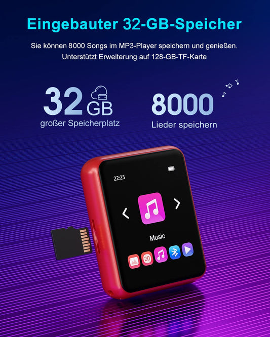 32GB MP3 Player Bluetooth 5.0, HiFi Lossless Sound Music Player with Speaker, Line-in Voice Recorder, FM Radio, 1.8" Full Touchscreen, Support up to 128 GB (with Headphones, Case)