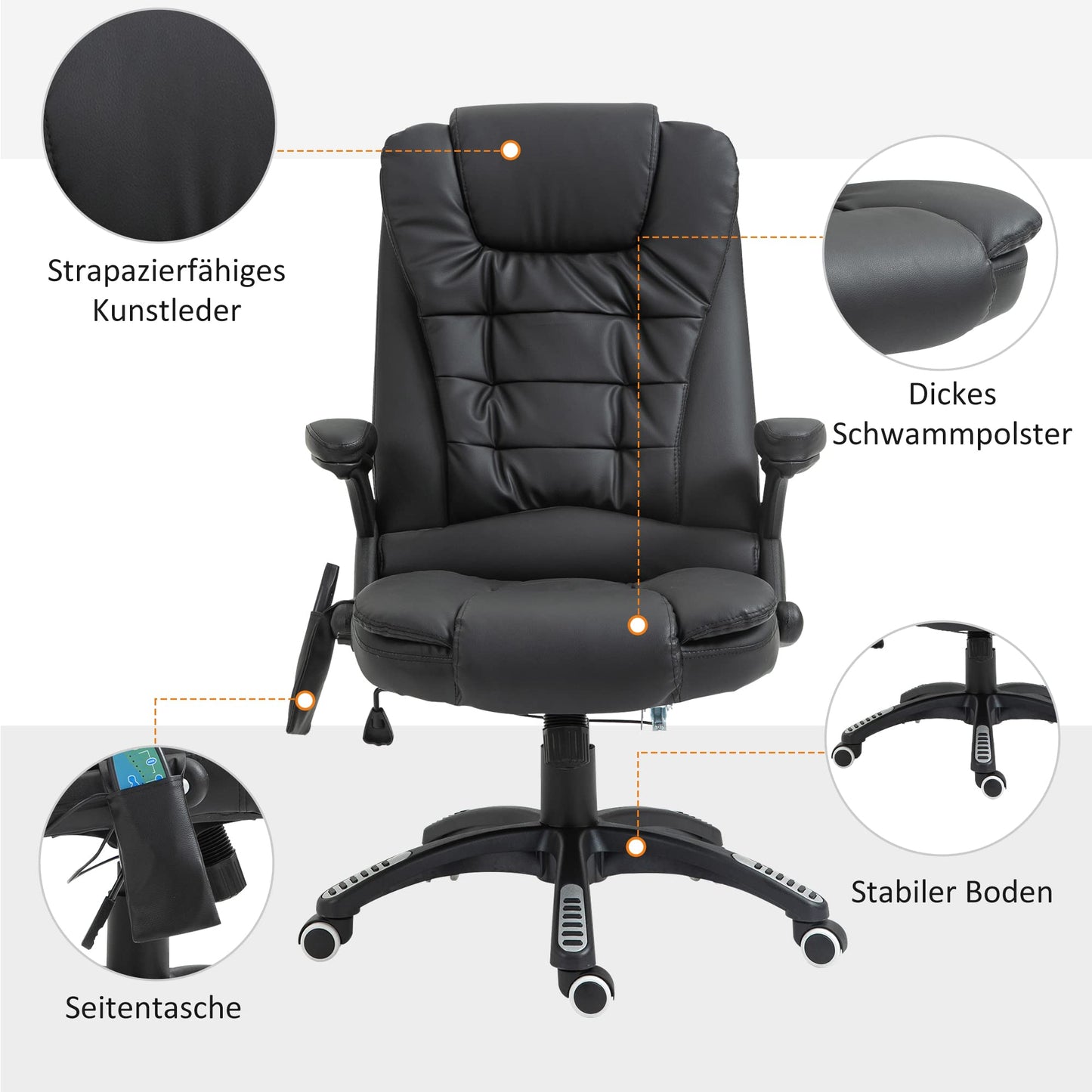 HOMCOM Massage Chair Office Chair Executive Gaming Chair 6 Point Vibration Massage with Heat Function Faux Leather Swivel Leather Chair Black 70 x 70 x 111 - 121cm