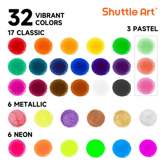 Shuttle Art tempera paint markers, 32 colorful solid tempera gouache markers for kids, fast-drying, can be used on paper, wood, glass, ceramic, canvas, wax crayons for ages 1 and up.