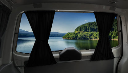 BREMER SEAT COVERS Custom Curtains Sunshades compatible with VW T5 T6 T6.1 Transporter Caravelle Long Wheelbase with Rear Hatch in Black Camping Accessories Motorhome Accessories Camper Curtains 718
