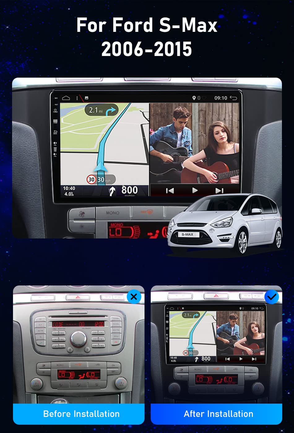 SXAUTO Android 13 - [6G+128G] - IPS Car Radio fits Ford S-Max (2006-2015) - Built-in Wireless Carplay/Android Auto/DSP - Camera + MIC - DAB SWC WiFi Fast-Boot 360-Camera 4G BT5.0-2 Din 9 Inch