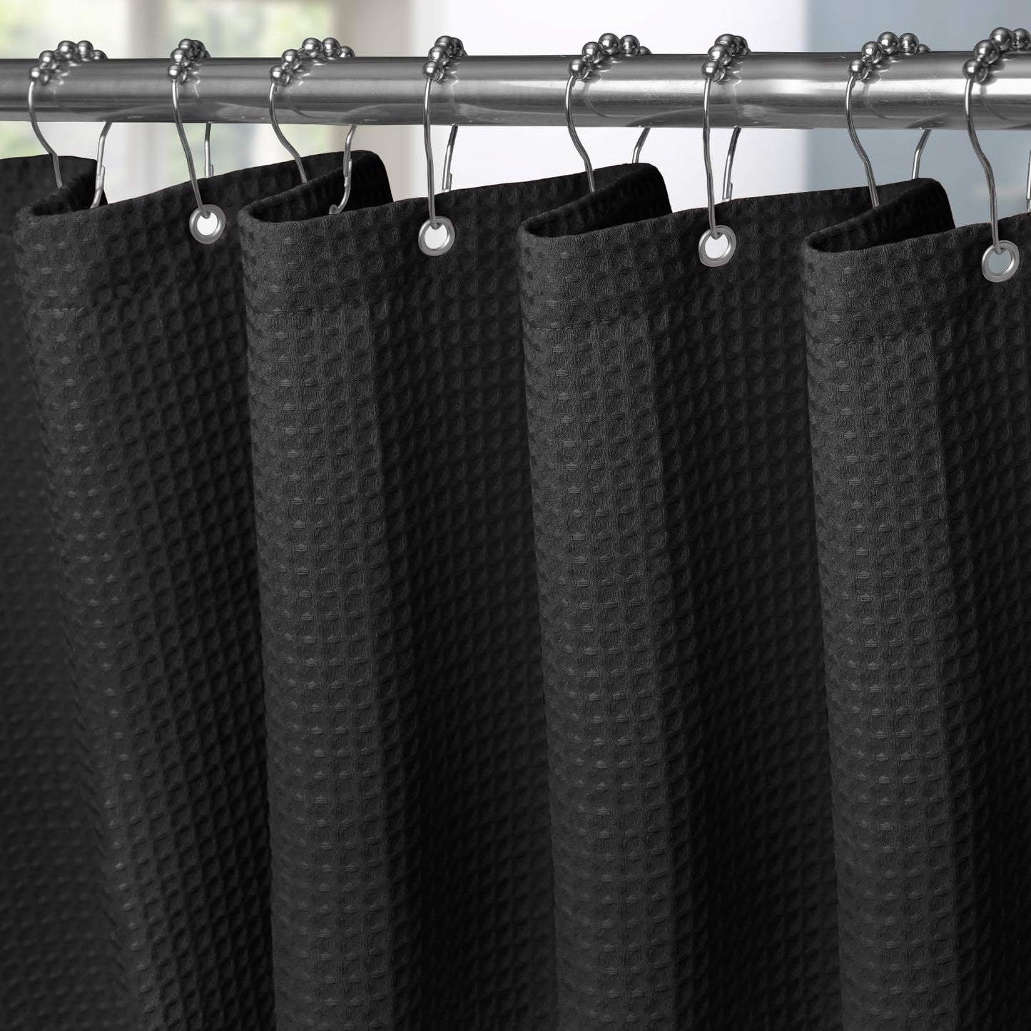 Waffle shower curtain with metal shower curtain rings fabric textile bathtub curtain anti mold bath curtain set waterproof bath curtain heavy shower curtain bathroom - 182 x 214cm (black)