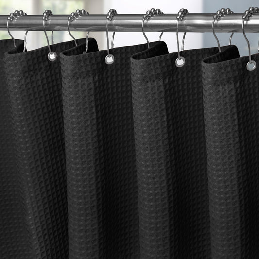 Waffle shower curtain with metal shower curtain rings fabric textile bathtub curtain anti mold bath curtain set waterproof bath curtain heavy shower curtain bathroom - 182 x 214cm (black)