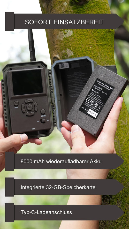 GardePro E6P Max wildlife camera with WiFi, rechargeable 8000mAh battery, built-in SD card, 64MP 1296P resolution, E6PMB game camera with motion sensor night vision, mobile transmission.