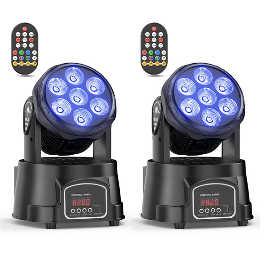 2 pack 7X15W Moving Head Wash LED lights with dmx512 RGBW, 5 control modes, 4 in 1 DJ lights for live events, bar, karaoke, Christmas, Halloween, home parties, weddings.