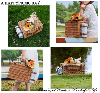 HappyPicnic Wicker Picnic Basket for 4 people, Willow Storage Hamper Service Gift Set for Camping and Outdoor Party (M for 2 Persons)