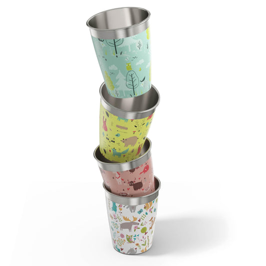 SIGG Children's Cup Set (4 x 0.35 L), drinking cups for kids in 4 colorful designs for boys and girls, practical stainless steel cups for home and on the go.