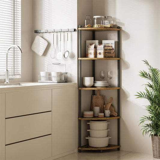 Ruichang 5-tier standing corner shelf, wooden bookshelf, storage rack for kitchen, bathroom, living room, office. Dimensions 143.5 x 29 x 29 cm, black color.