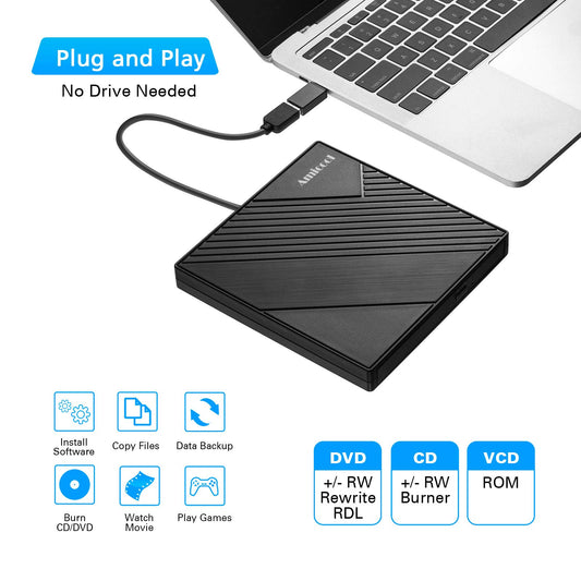 Amicool External DVD Drive External USB 3.0 USB C CD Drive for Laptop Desktop PC MacBook External DVD Burner Windows 7/8.1/10/11 Linux Mac OS CD/DVD Player Portable +/-RW ROM Optical Drive