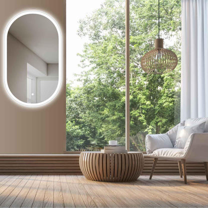 HOKO LED design mirror oval 45 x 75 cm. Can be mounted vertically or horizontally. Illuminated LED bathroom mirror, also for use as a vanity mirror. Features touch switch and adjustable LED lighting - warm white, cool white, neutral.