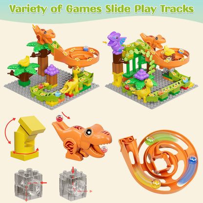 Marble run building blocks dinosaur toys, kids STEM toy dino ball track set for ages 3 4 5 6 boys girls, 67 pcs large blocks ball race learning toy for boys girls 3-7 years