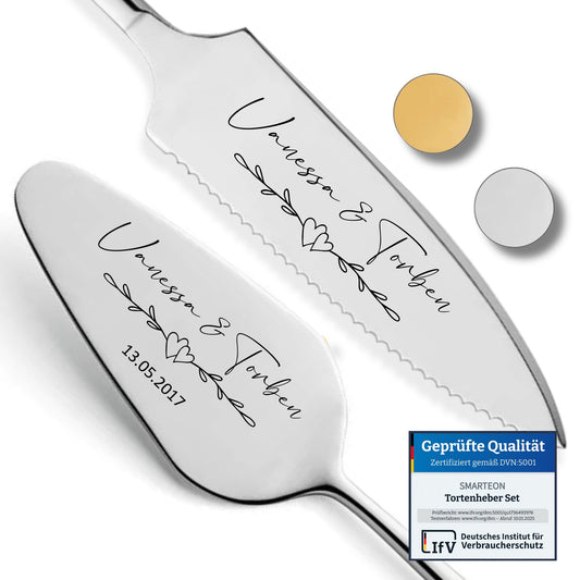 SMARTEON cake lifter including cake knife in set with personal engraving as a gift for wedding, anniversary, birthday - Wedding gifts for couples - Silver-colored set in gift box