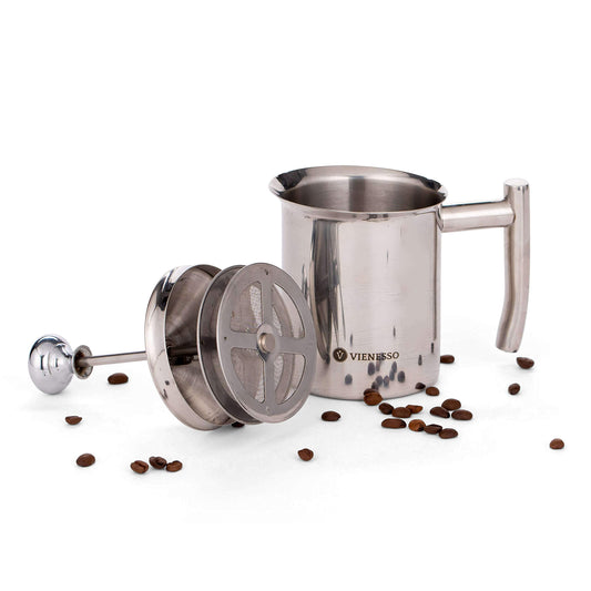 VIENESSO Hand Milk Frother manually made of stainless steel with double mesh sieve I milk frother for creamy milk foam for coffee specialties, Milk Frother including Barista E-Book (400 ml)