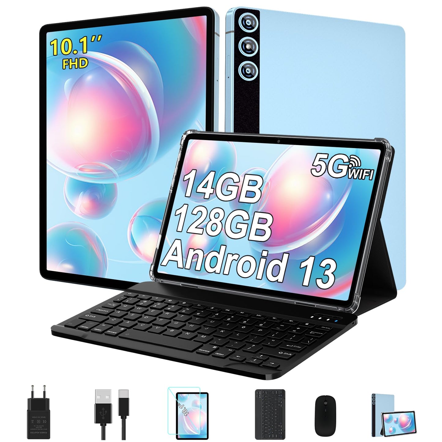 ZIOVO 10-inch Android 14 Tablet PC with 2GB RAM+128GB ROM(1TB TF), Widevine L1, 5G WiFi, Octa-Core 2.0GHz, 8000mAh battery, 5+8MP cameras, BT 5.0, AGPS, metal housing. Comes with keyboard and mouse - Blue.