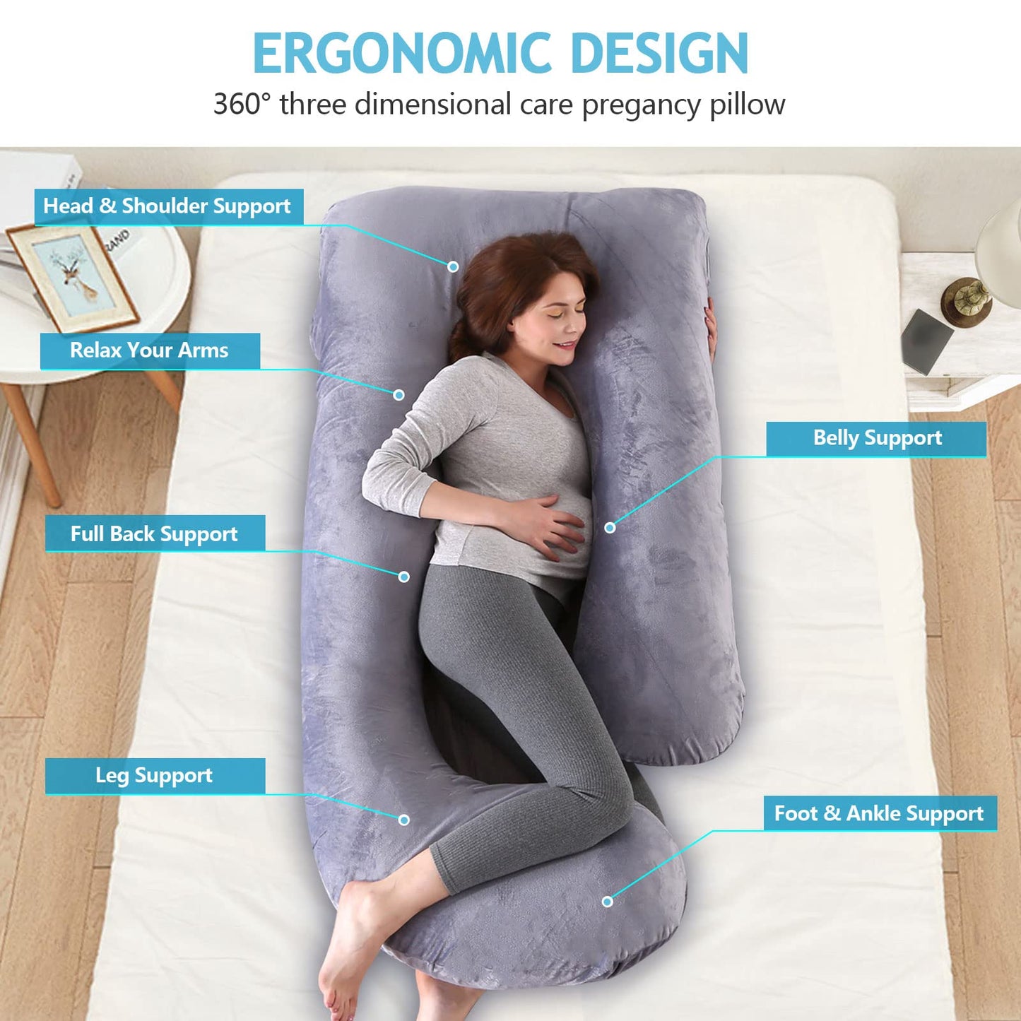 ShowyLive Pregnancy Pillow Nursing Pillow XXL Side Sleeper Pillow with Washable Cover for Pregnant Women and Anyone with Hip or Back Pain (145x70cm, Gray)