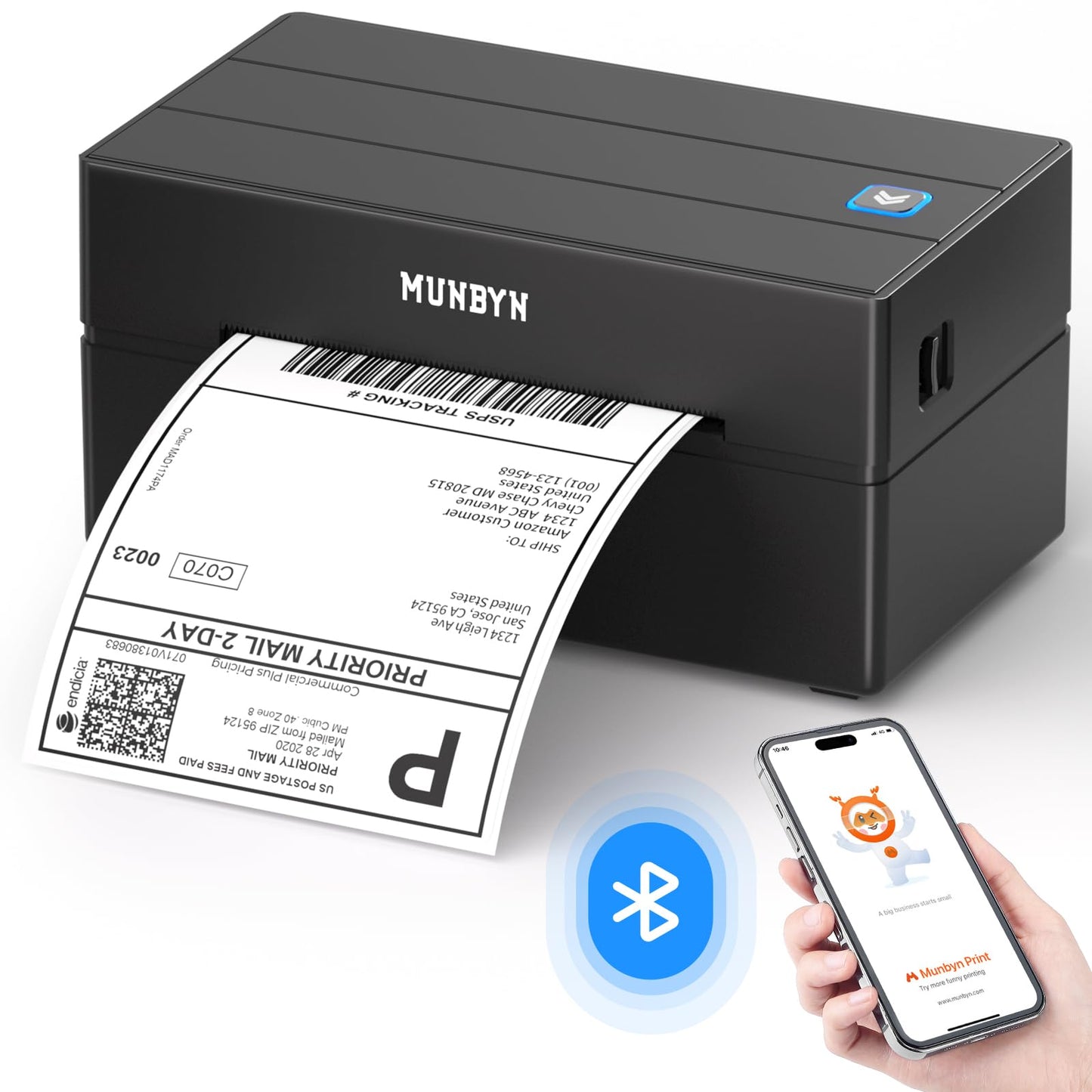 MUNBYN DHL label printer Bluetooth, label printer 4x6 shipping label printer, thermal printer label printer for Shopify, Ebay, Etsy, DHL, DPD, GLS, UPS, with 25 labels, no ink, 130B black.