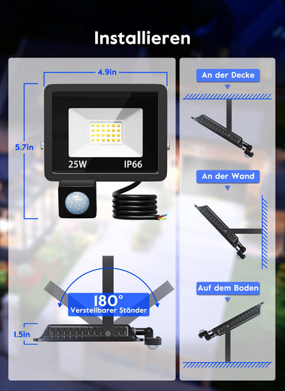 Brightown LED floodlight with motion sensor, 20W, IP66 waterproof with 24 LEDs, 2200LM outdoor spotlight 6000K cool white. Ideal for garden, warehouse, playground, backyard.