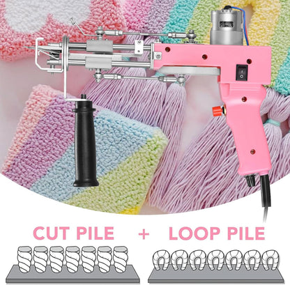 Aomdom Tufting Gun 2 in 1 Electric Tufting Gun with 5-40 steps/s speed and 7-21mm adjustable pile height. Ideal for crafting carpets or clothing in pink color.
